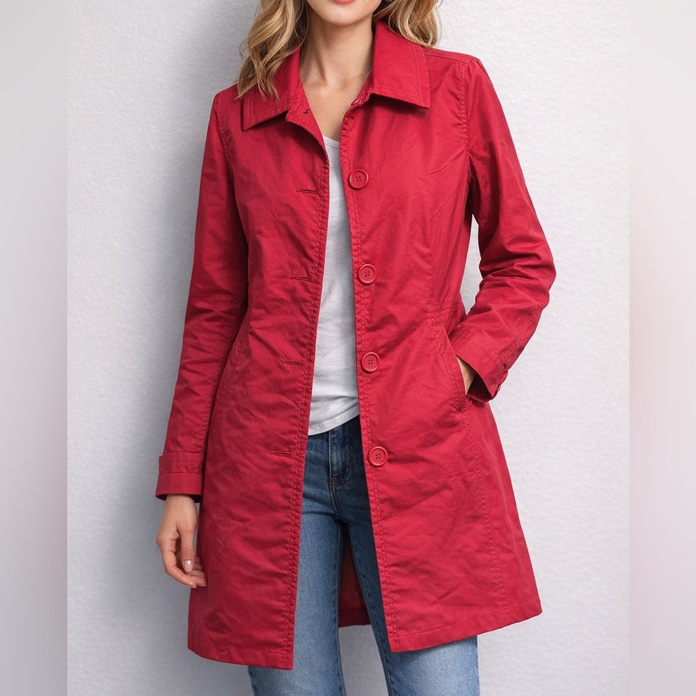 EDDIE BAUER Womens Trench Coat
Long Button Red/Coral Jacket Casual
Sz Med EUC